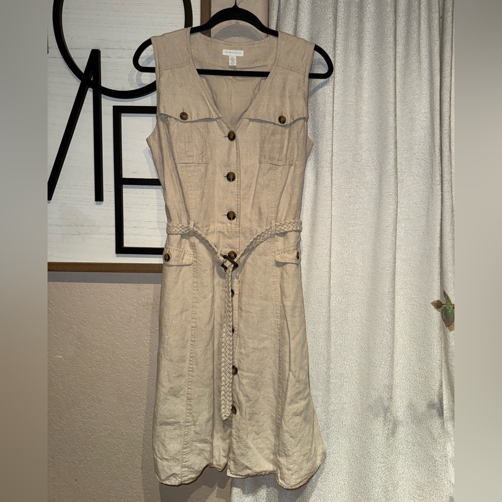 Charter Club 100% Linen Beige Midi Dress with Button Detail